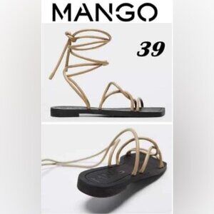Mango - Ladies, Paula Leather Strappy Flat - Beige. Size: 8.5 (US). NIB